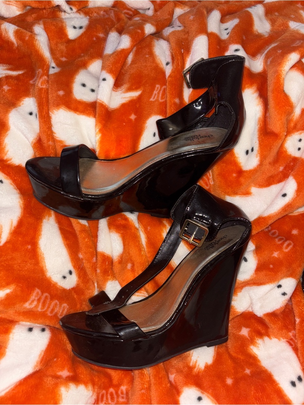 Charlotte Russe Black Shiny Wedge Sandals with Ankle Strap